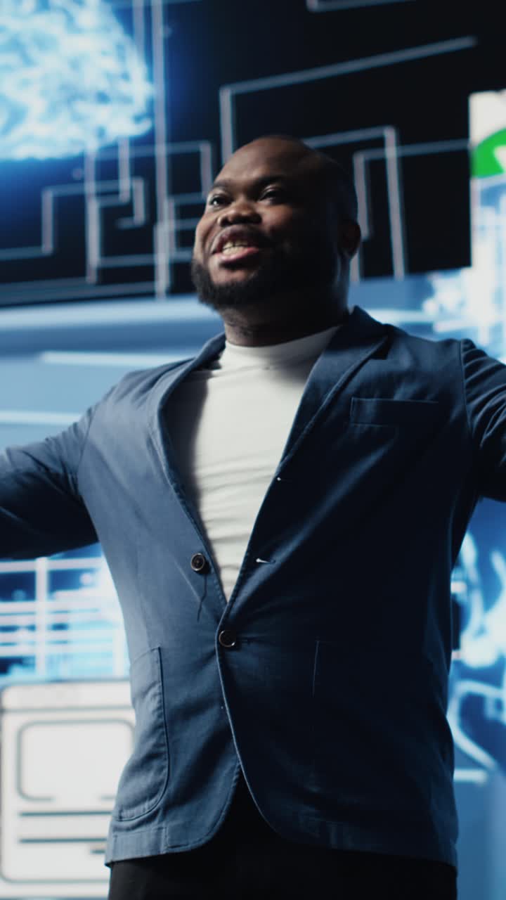 Confident Man Presenting with Futuristic Digital Display