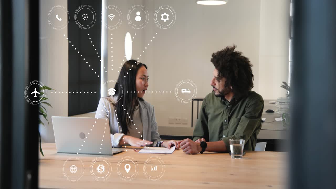 Woman at laptop starting logistics icons around, man coming, handshake, reviewing docs for business