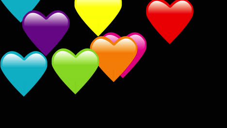 animation of big emoji hearts of all colours falling from above untill they stop on the bottom one over the other, alpha channel included