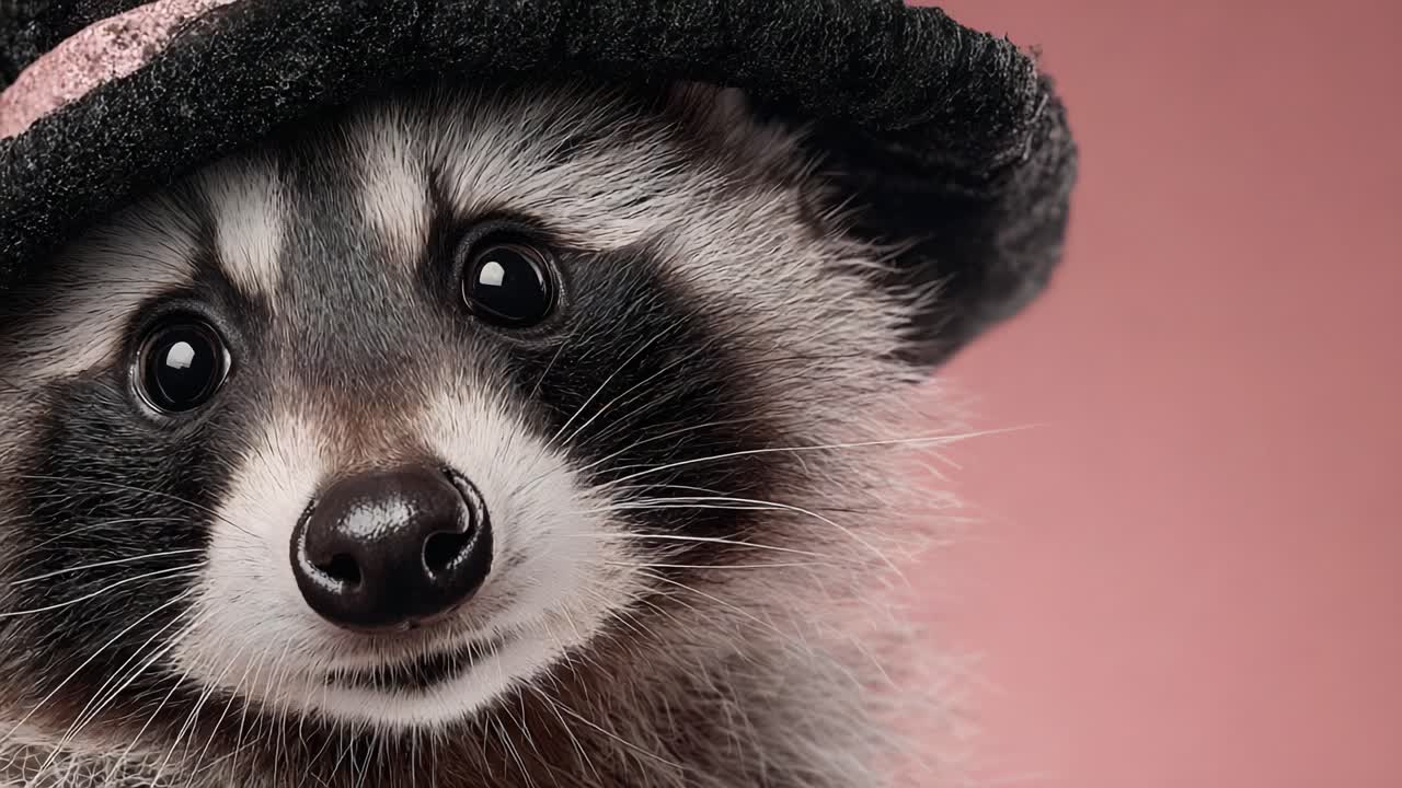 A Charming Raccoon in a Stylish Hat Poses for the Camera, Displaying Its Adorable Features and Expressive Eyes Against a Pastel Pink Background