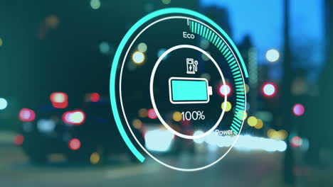 animación de los datos cambiantes del estado de carga en la interfaz del vehículo eléctrico, sobre la ciudad por la noche