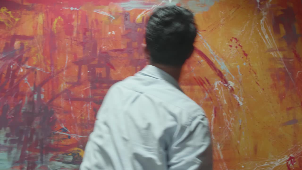 Talented Innovative Male Artist Draws With His Hands On The Large Canvas, Using Fingers He Creates Colorful, Emotional, Sensual Painting. Contemporary Painter Creating Abstract Modern Art