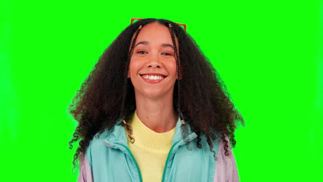 young woman, wink and face with green screen