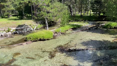 Aigüestortes-Nationalpark-Spanien-Geschützte-Natur-Lerida-Catalunya-Schöner-Gebirgsfluss-Mit-Kristallklarem-Wasser-Tauwetter-Rio-Sant-Nicolau