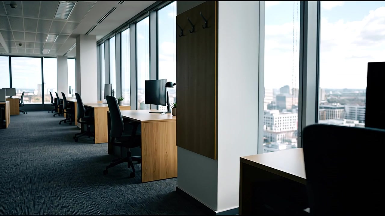 Bright Empty Office Space with Desks and Large Windows Overlooking City