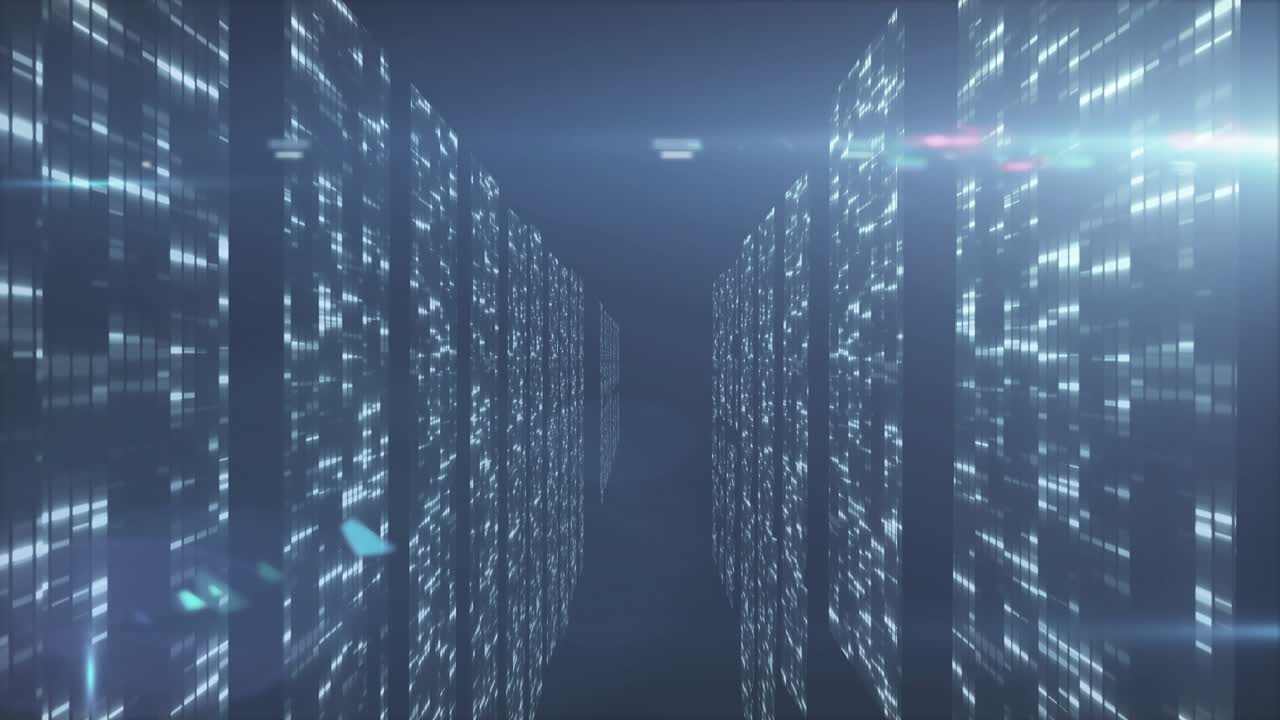 Floating icons appearing, pulsing, expanding after camera pushing forward to show data hub