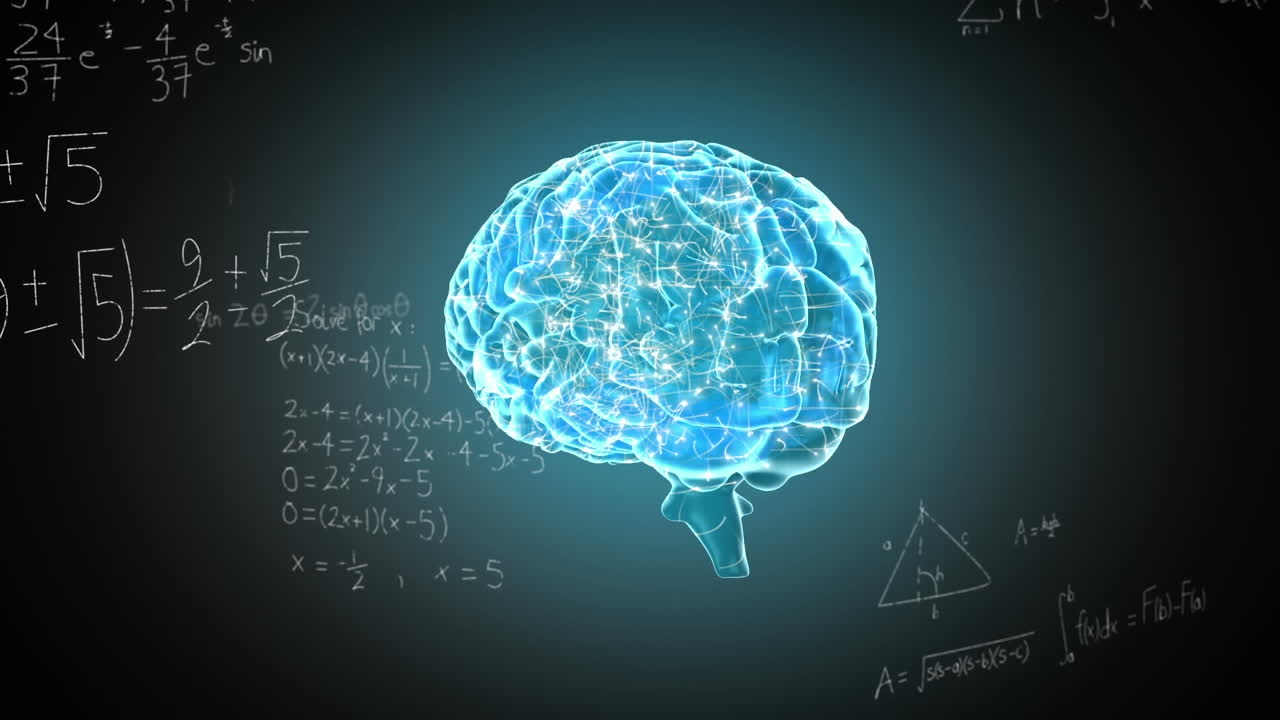 Animation of mathematical equations floating over spinning human brain icon against blue background