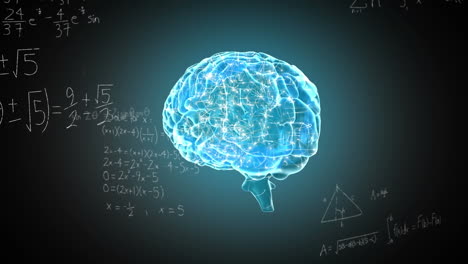 animación de ecuaciones matemáticas flotando sobre el icono del cerebro humano giratorio contra un fondo azul.
