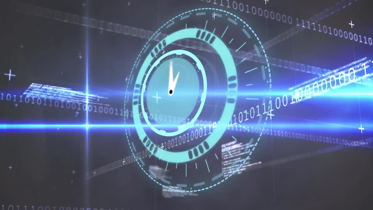 Animation of clock over data processing on dark background