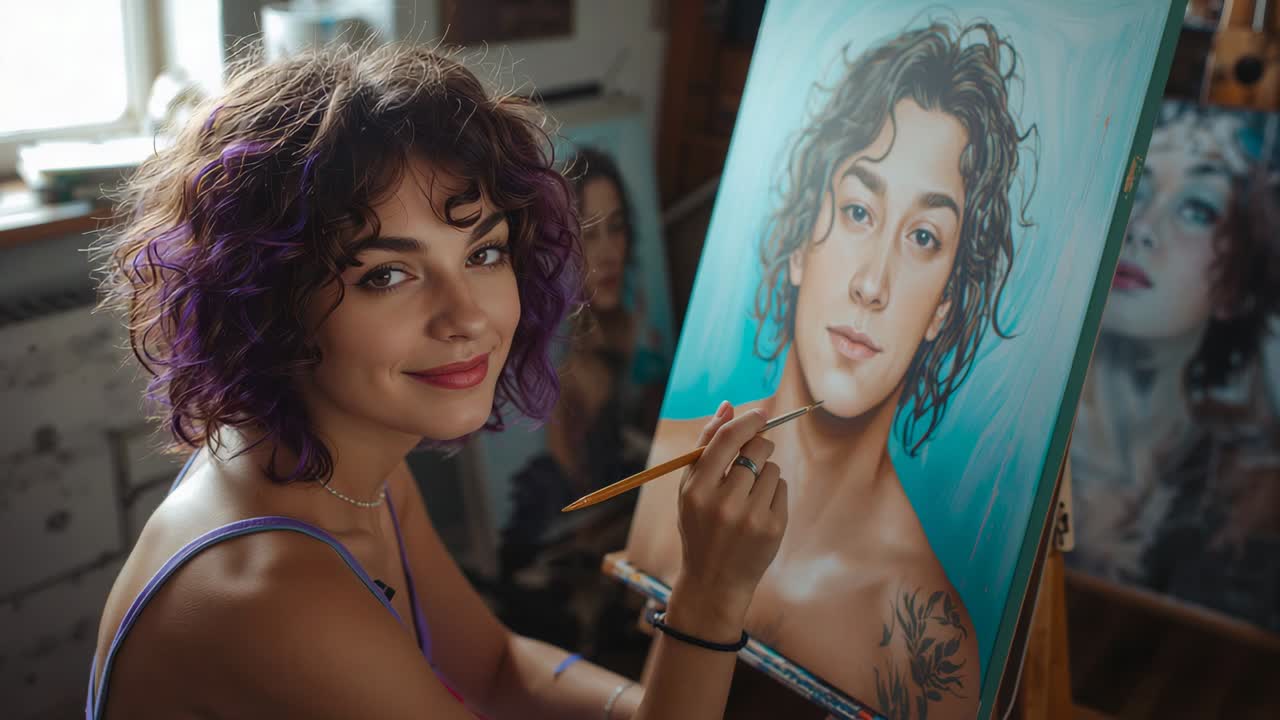 Artista sorridente de blusa roxa aplicando pinceladas na tela no cavalete com um pincel pequeno, verificando a semelhança