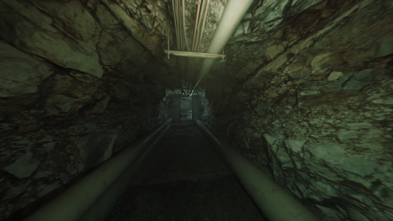 Bright corridor featuring exposed electrical components and pipes