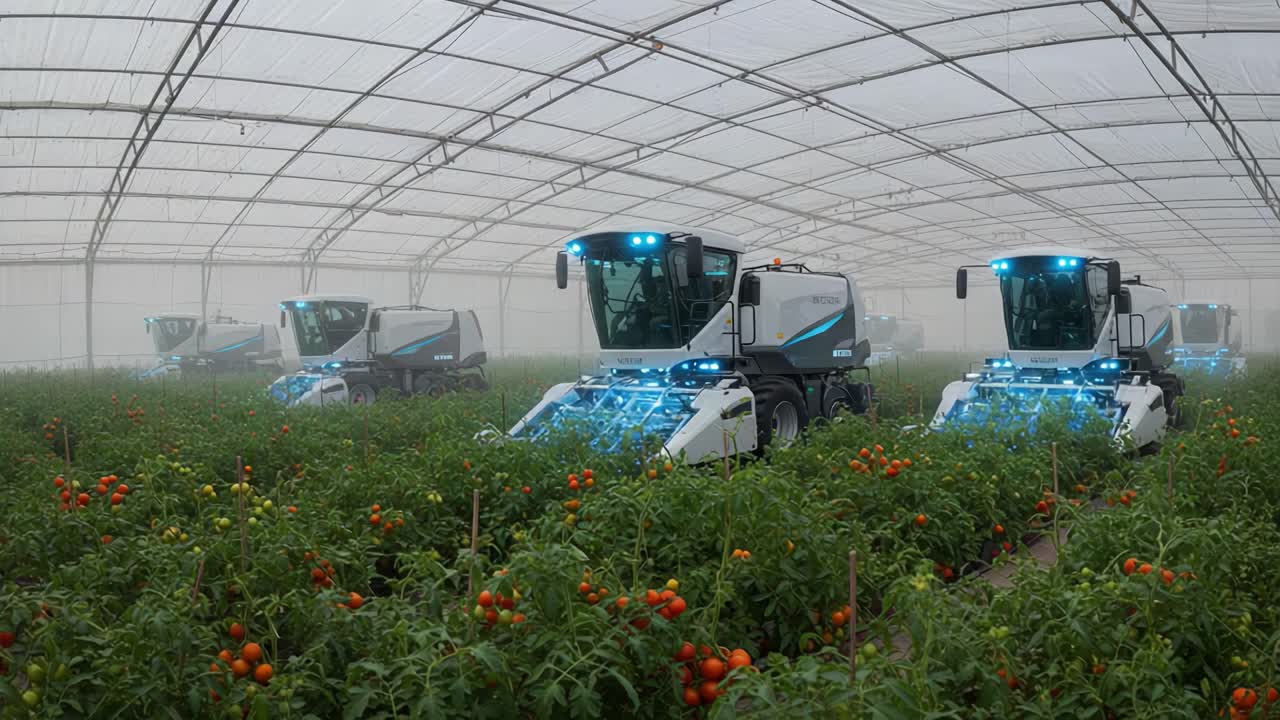 Futuristic Automated Harvesters Working Harmoniously in a High-Tech Greenhouse, Efficiently Collecting Ripe Tomatoes Under Controlled Environmental Conditions