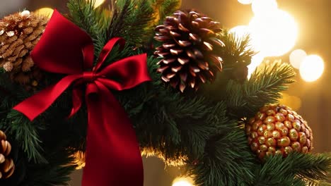 close-up of a christmas wreath with pine cones and a red bow