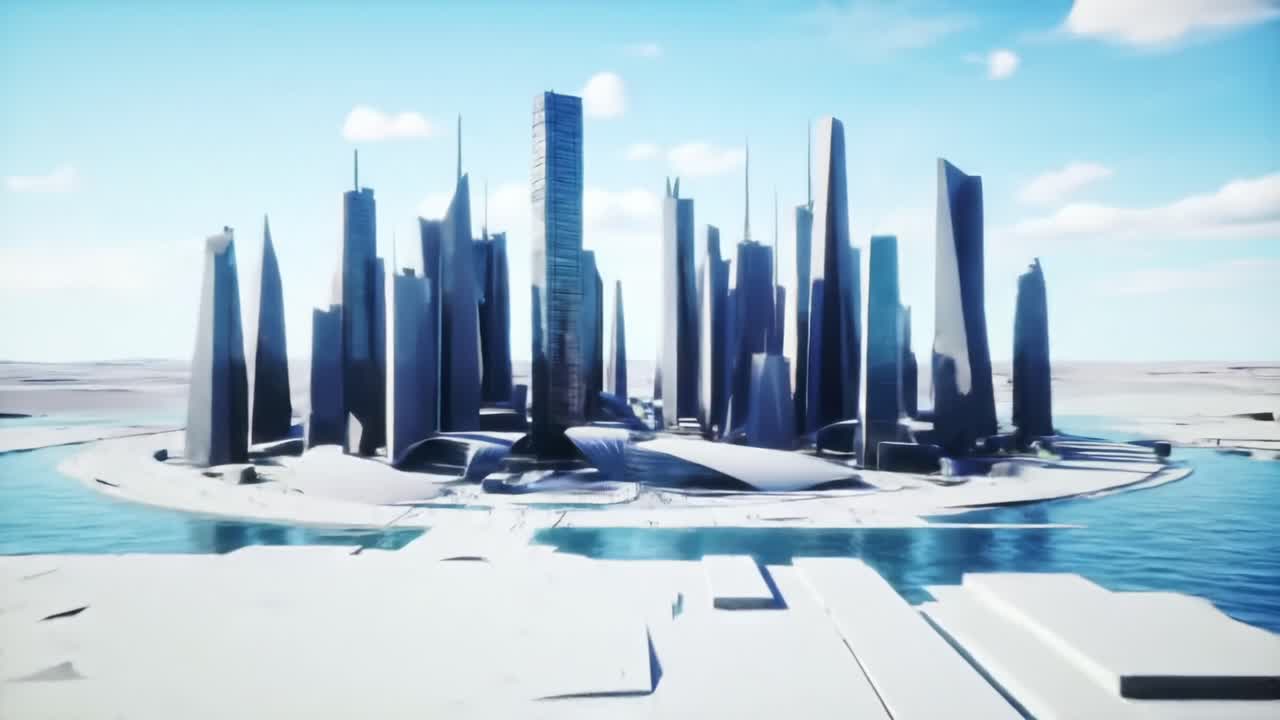 A Futuristic Cityscape with Tall, Sleek Skyscrapers Surrounded by Water, Showcasing Modern Architectural Design and a Clear Blue Sky