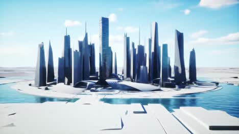 a futuristic cityscape with tall, sleek skyscrapers surrounded by water, showcasing modern architectural design and a clear blue sky