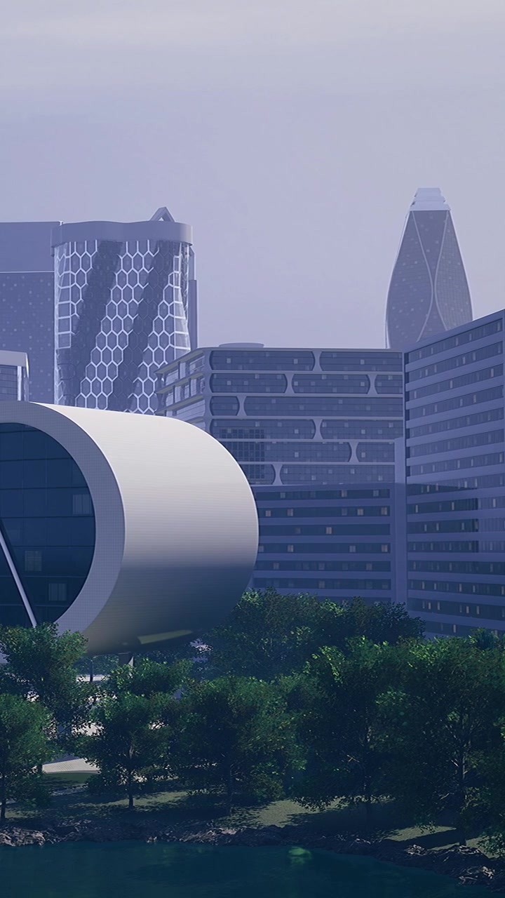 Edifícios modernos ao longo de um rio em uma área urbana durante o dia.