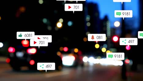 animación de iconos y números de redes sociales sobre el tráfico vial y el paisaje urbano