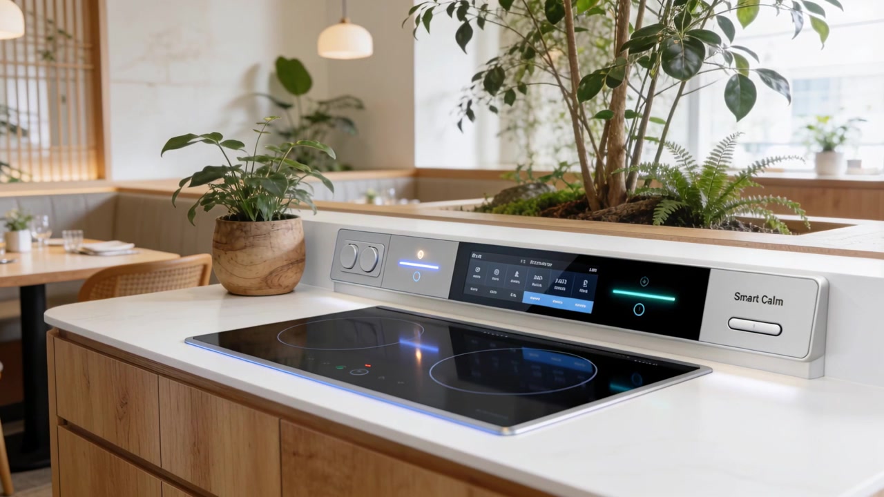 Powering induction cooktop and rear console, touchscreen brightening on kitchen island for cooking