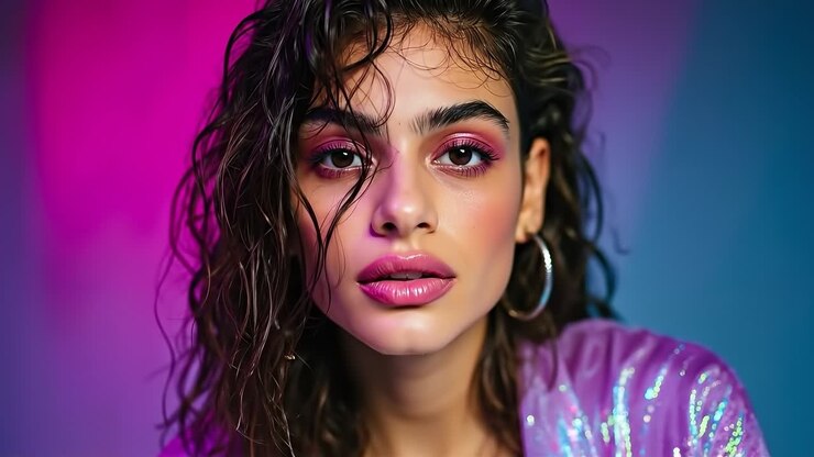 Una donna con i capelli lunghi e una camicia rosa