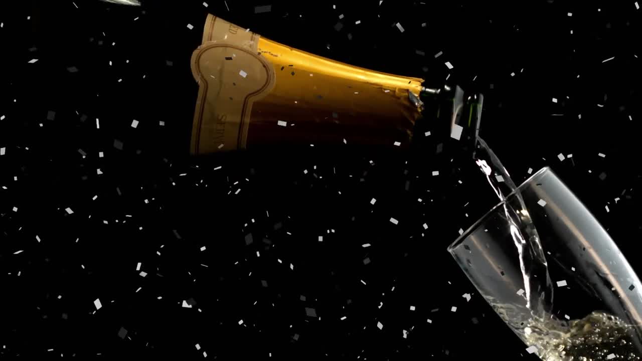 Animazione di coriandoli che cadono e champagne versato in un bicchiere