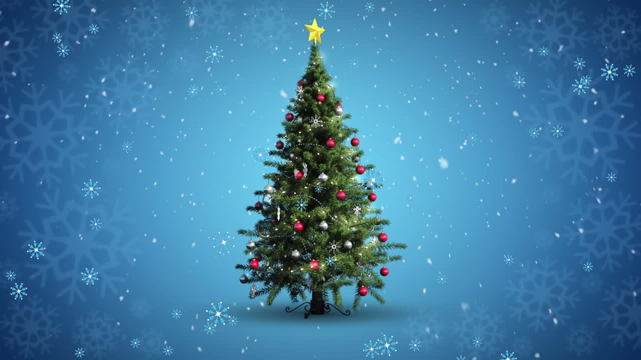 Animation of christmas tree and snow falling over blue background