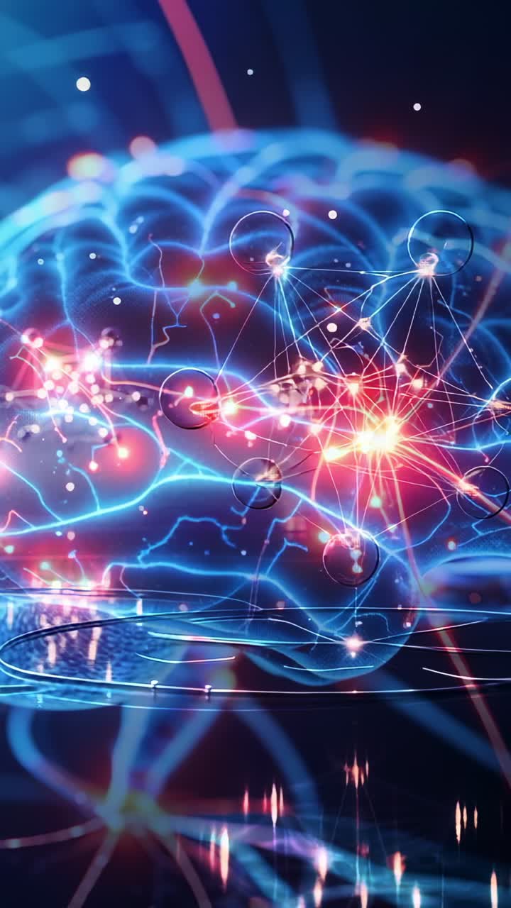 Vertical video: On start neural network activating nodes tracing filaments on shiny plane with orbs