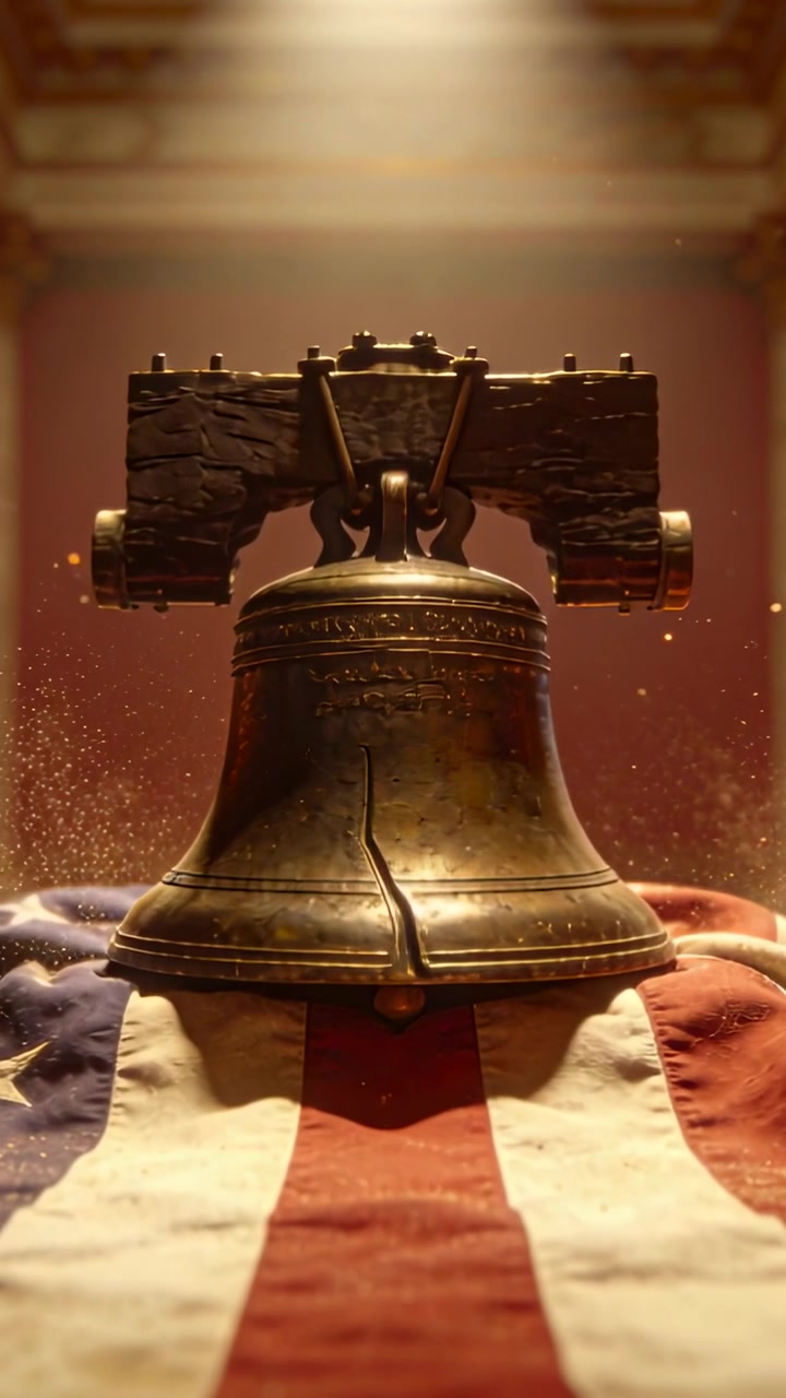Video verticale: Riflettore puntato su una campana incrinata posta su una bandiera americana piegata in un museo, in onore del passato.