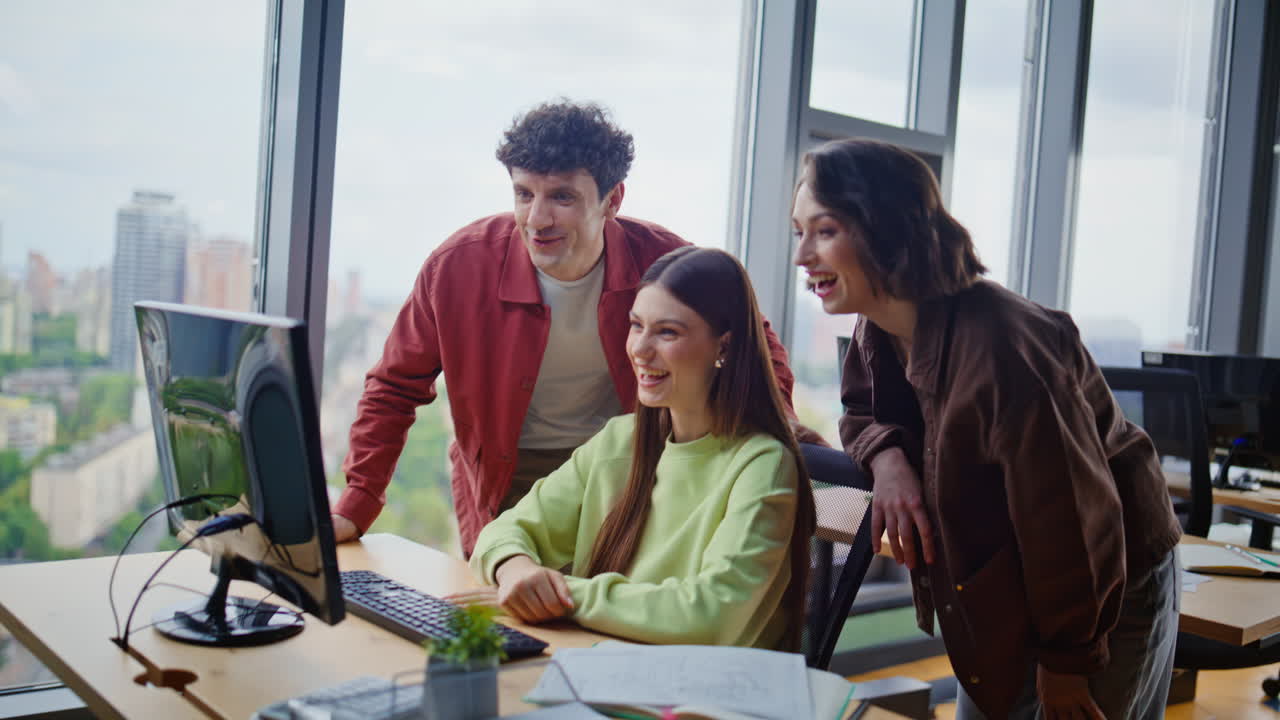 Friendly coworkers greeting webcam laptop team video meeting in conference room