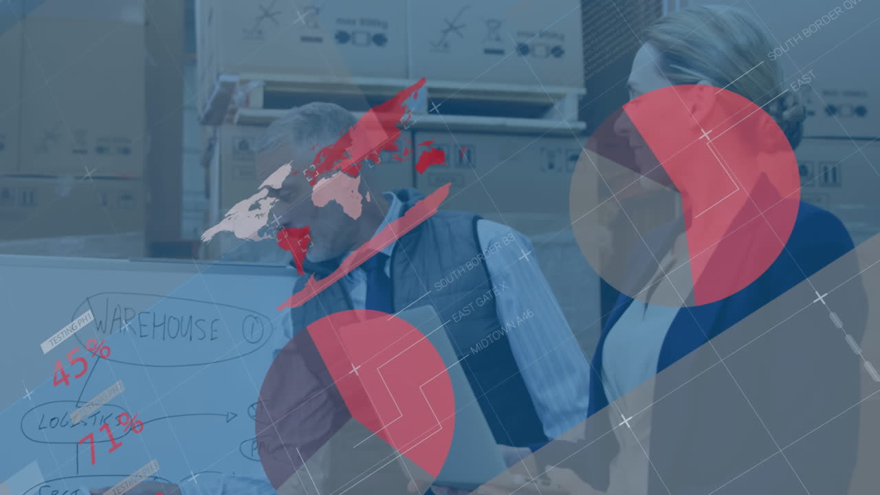 백인 남자가 화이트보드에서 동료들과 계획을 논의하는 인포그래픽 인터페이스의 애니메이션