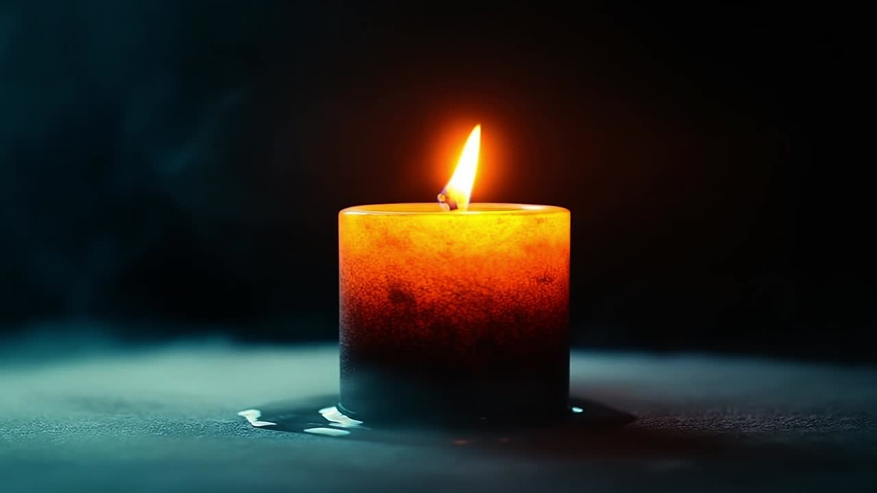 Bright candle light in dark surroundings. A flickering candle emits warm light, casting shadows and creating a calm, intimate atmosphere in low light conditions.