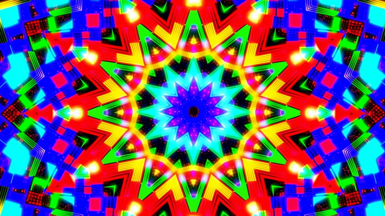 Composizione caleidoscopica frontale con centro ciano luminoso, bagliore radiale pulsante, petali geometrici specchiati, punte triangolari e accenti vivaci magenta, giallo, verde, rosso che formano un motivo energetico