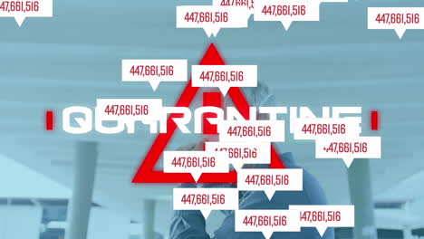 animation of covid 19 data processing over warning triangle and man in face mask