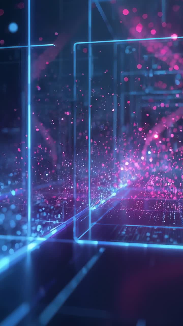 Vertical video: Camera moving driving cyan planes sliding in data tunnel making flow with pink dots