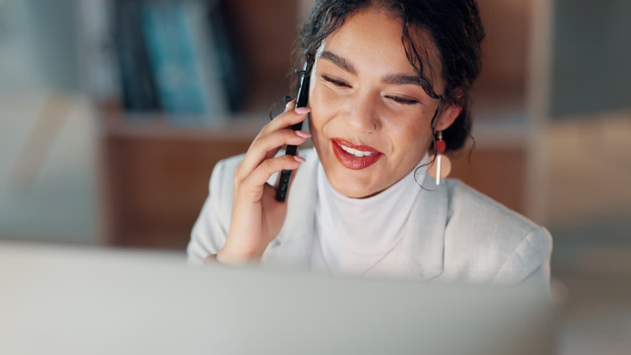 Business woman, computer and phone call in night