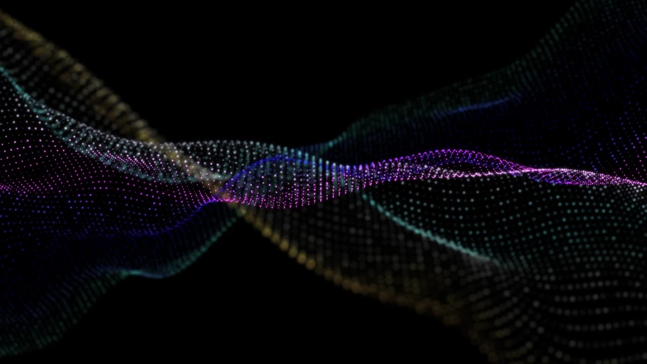 4K, Data movements of dust particles floating in infinity, Seamless Loop. Technology digital wave background concept.Beautiful motion waving dots texture with glowing defocused particles. Cyber or technology background. Multi Colored