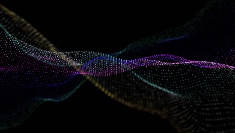 4k, movimientos de datos de partículas de polvo flotando en el infinito, bucle sin costuras. tecnología concepto de fondo de onda digital. hermosa textura de puntos ondulantes de movimiento con partículas desfocalizadas brillantes. fondo cibernético o tecnológico. multicolor