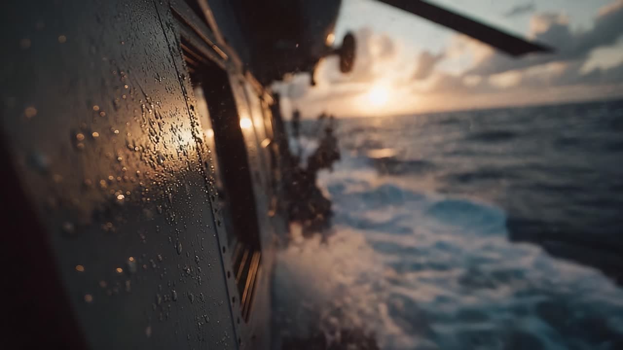 Einblick in die Gelassenheit: Die ruhige Essenz von Wassertropfen und goldenen Sonnenuntergangsreflexionen auf einem Boot während einer friedlichen Reise auf See einfangen
