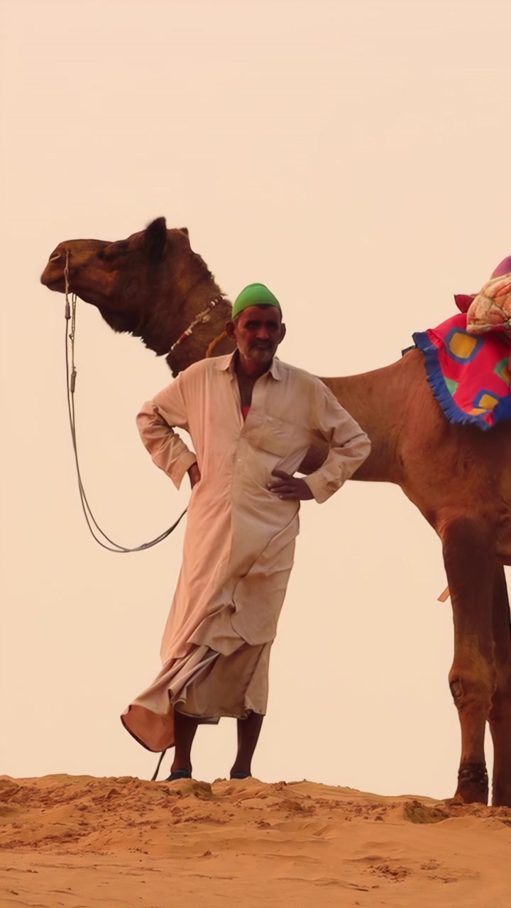 Video verticale: Camellieri al tramonto nel deserto del Thar, Jaisalmer, Rajasthan, India