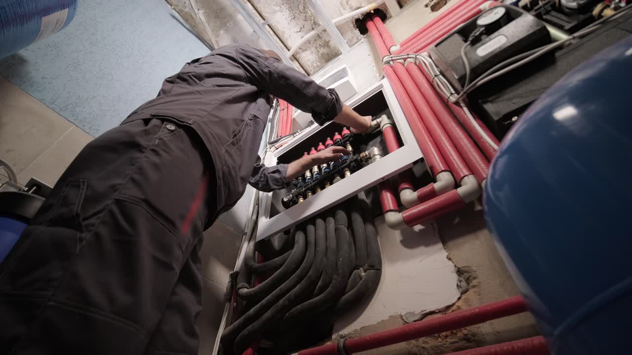 hvac 기술자는 난방, 환기 및 에어컨 시스템을 설치합니다.