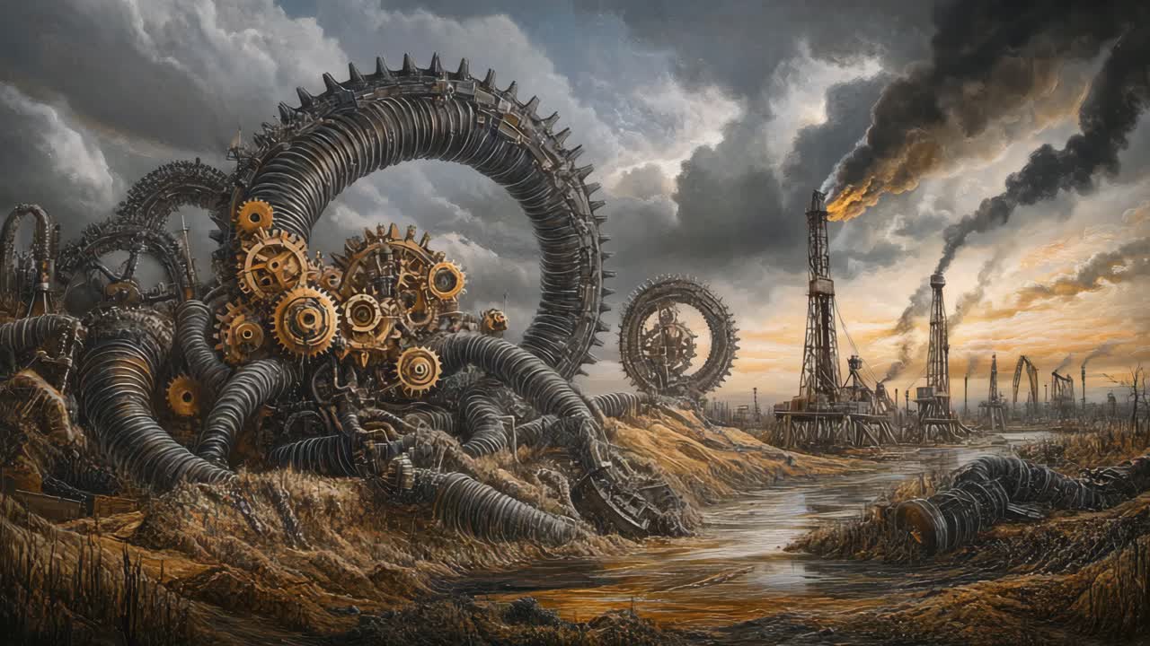 Paesaggio steampunk con piattaforma petrolifera
