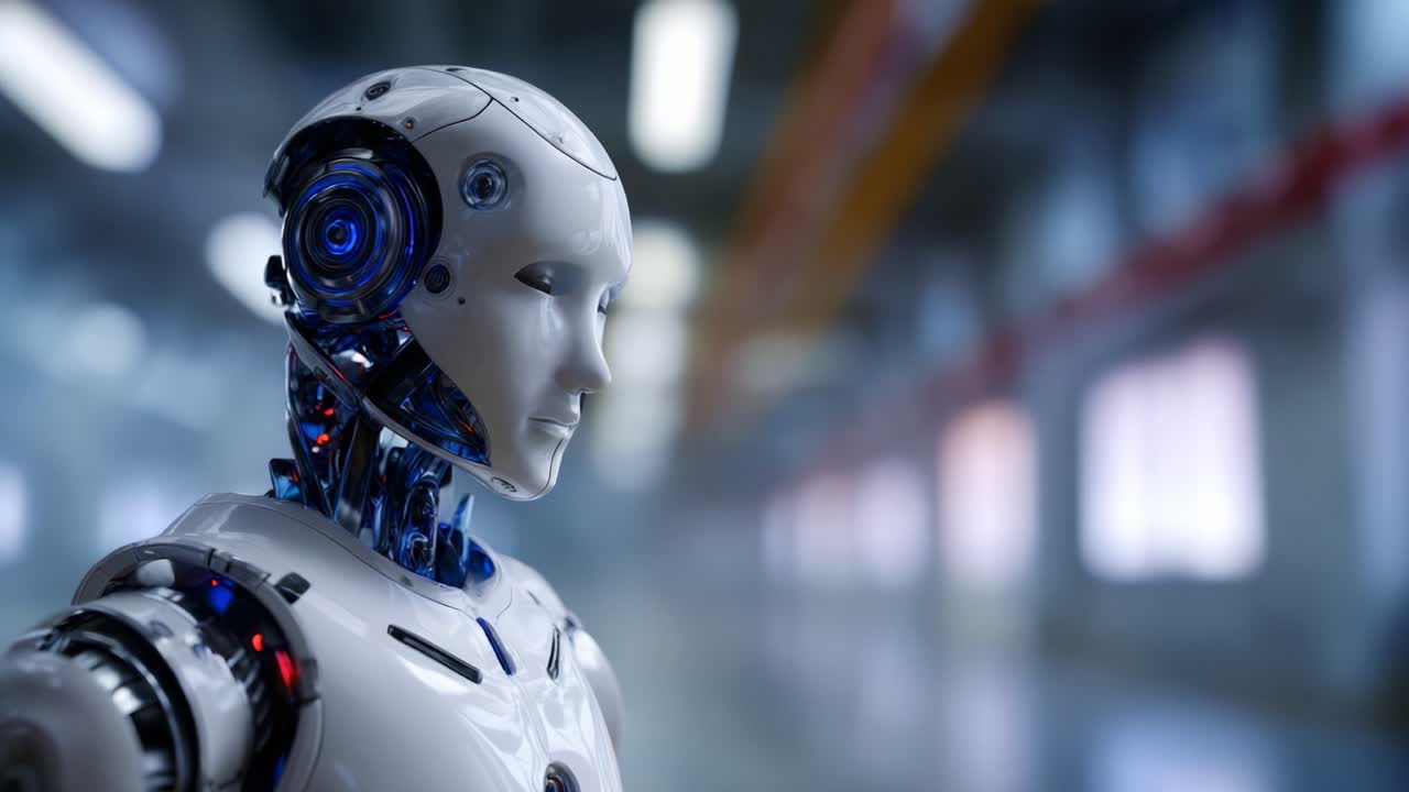 Yüksek teknolojili bir ortamda gelişmiş özelliklere ve şık bir design’a sahip fütüristik bir robot, son teknoloji ürünü teknolojisini ve gerçekçi görünümünü sergiliyor