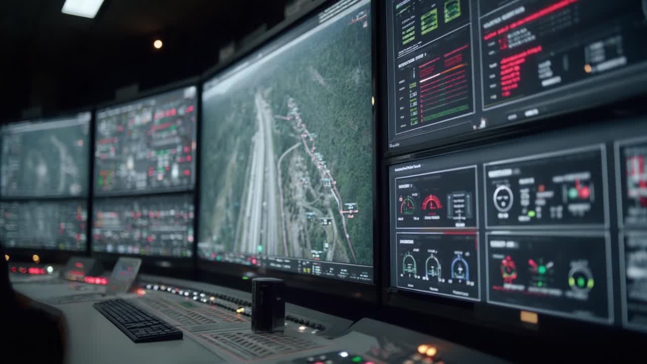 Sala di controllo avanzata con monitor multipli che visualizzano dati in tempo reale e sorveglianza dell'infrastruttura di trasporto per una gestione e un monitoraggio efficienti.