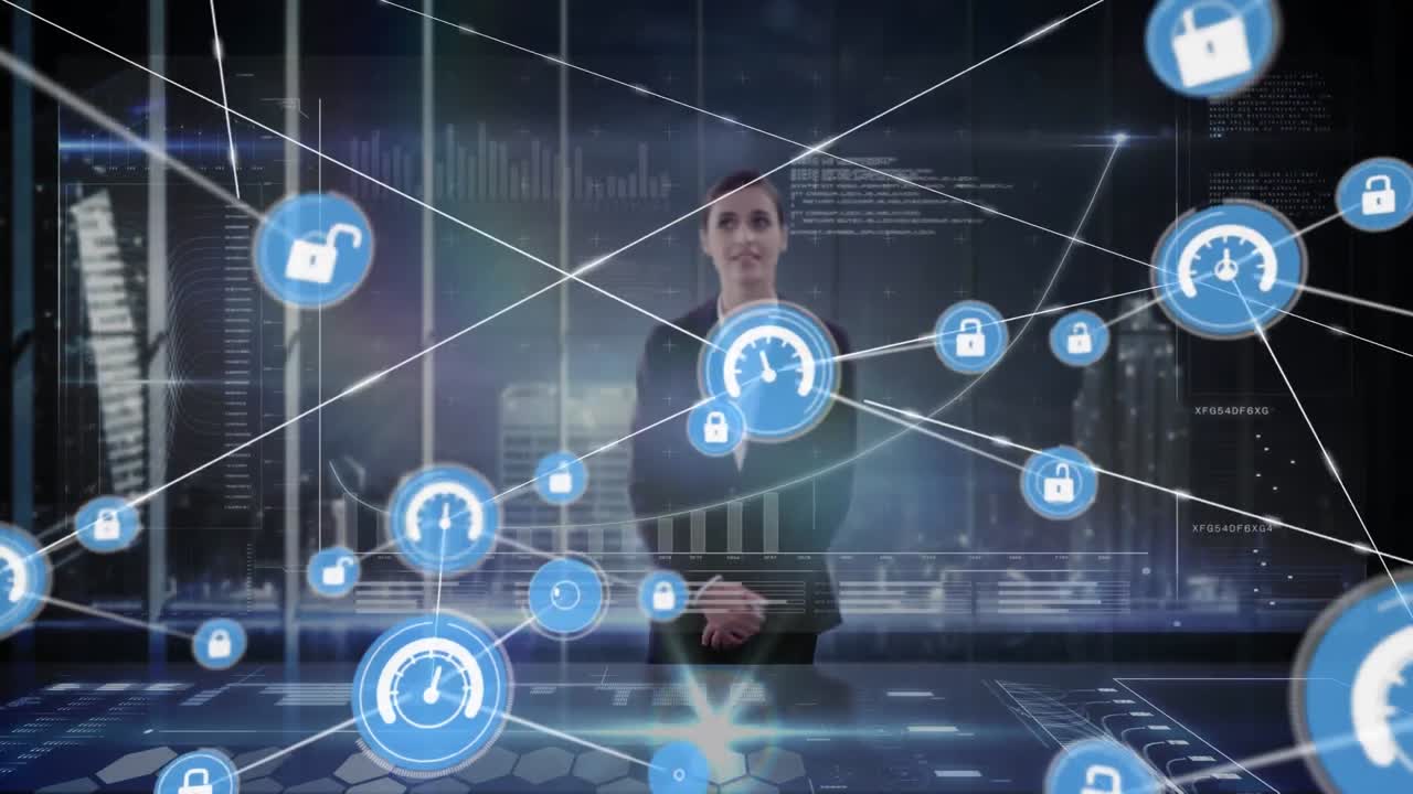 animación de una red de conexiones con iconos sobre una mujer de negocios utilizando una pantalla interactiva