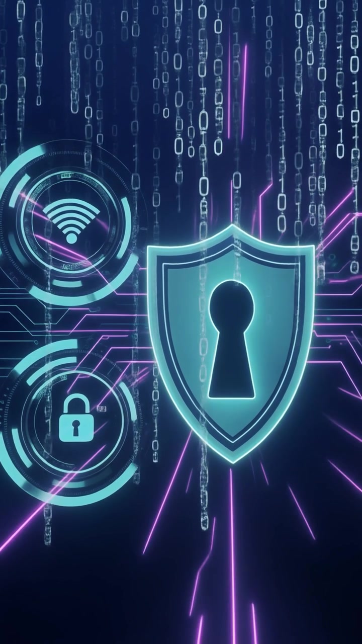 Scudo di Cybersicurezza Digitale con Icone di Rete Luminose e Codice Binario