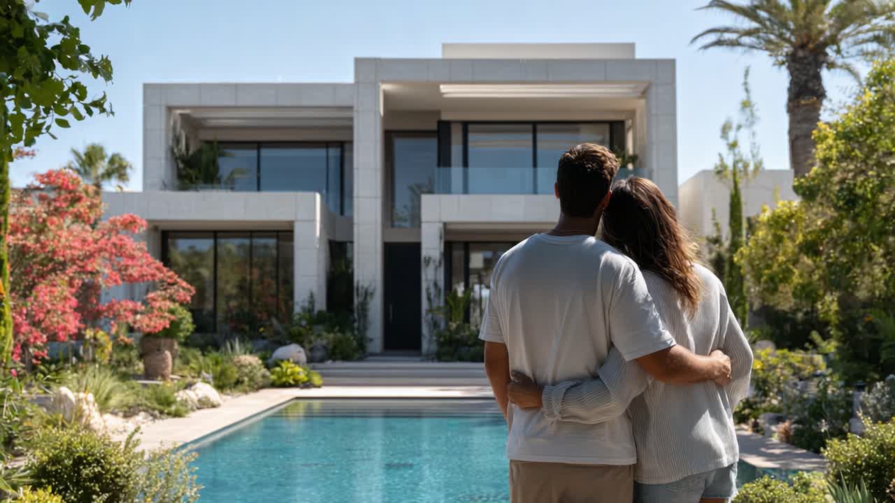 Un momento de relax junto a la piscina: Una pareja se abraza frente a su hermosa casa moderna rodeada de exuberante vegetación y flores coloridas.