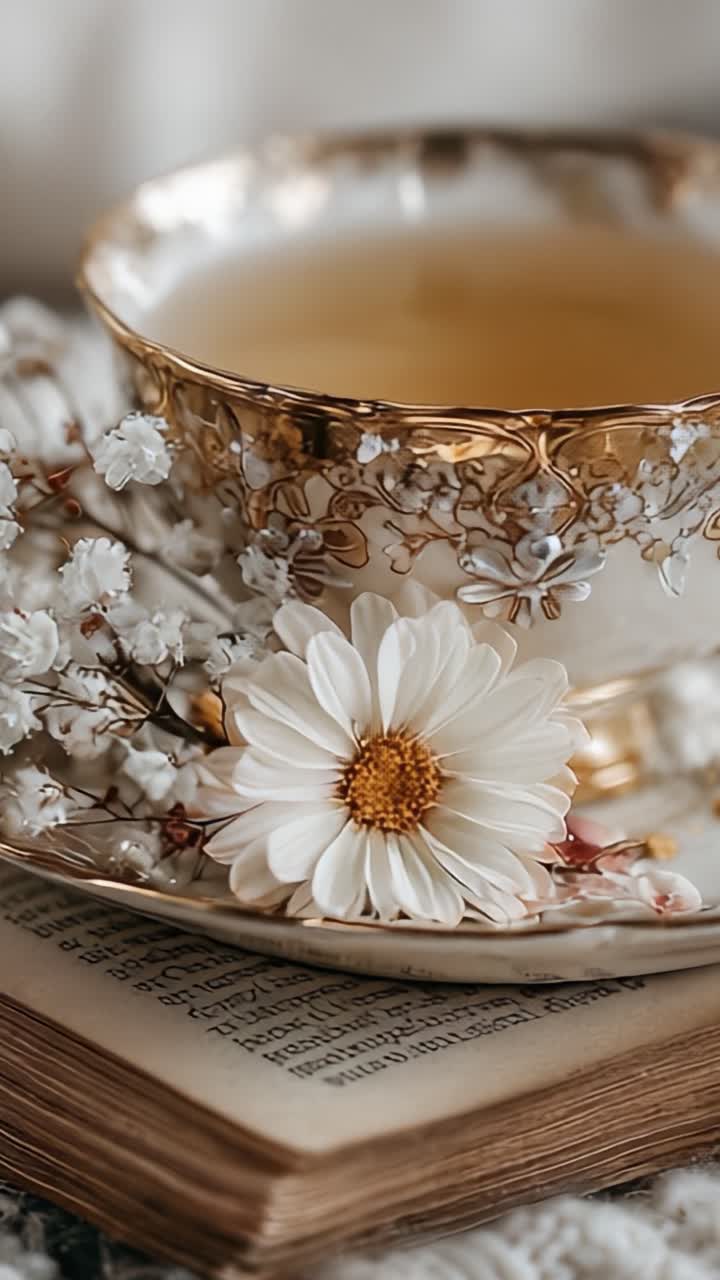 A Serene Afternoon: Elegant Tea Set with Delicate Daisy and White Blossoms Nestled on Vintage Book Pages, Capturing Tranquility and Sophistication