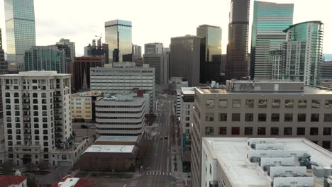 downtown denver, colorado usa, aerial view, corporate and residential buildings at sunset, dolly drone shot