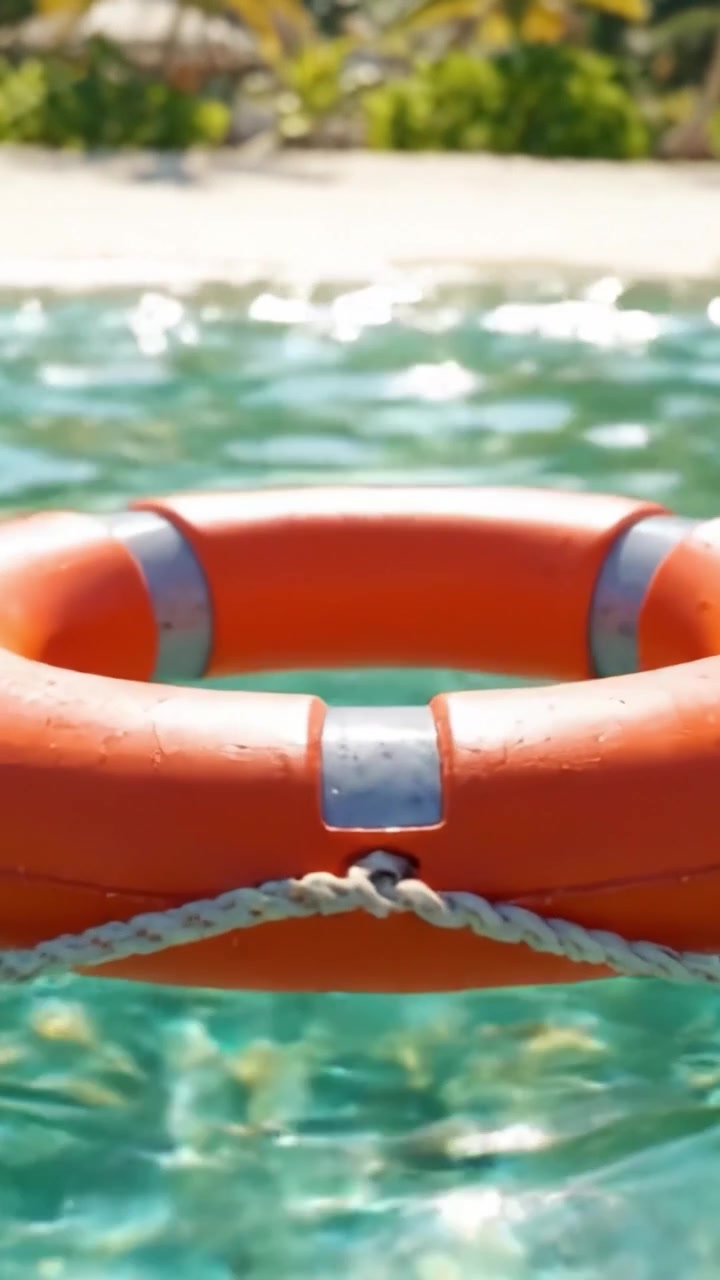 Un Vibrante Salvavidas Flotando en Aguas Acuáticas Claras, Simbolizando Seguridad y Rescate Entre Olas Tranquilas y un Entorno Escénico.