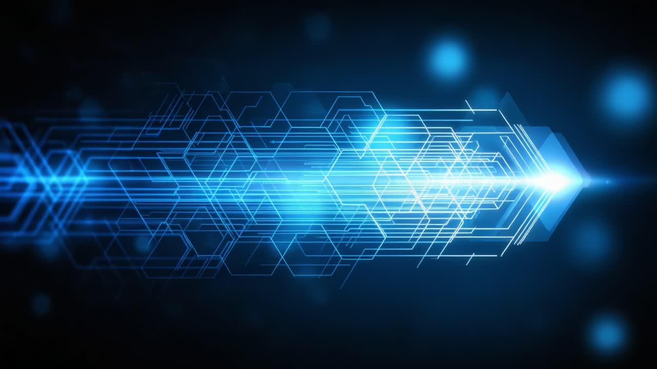 Dynamic Blue Light Trail with Hexagonal Patterns and Radiating Arrows, Showcasing Futuristic Technology and Motion Effects across a Dark Background