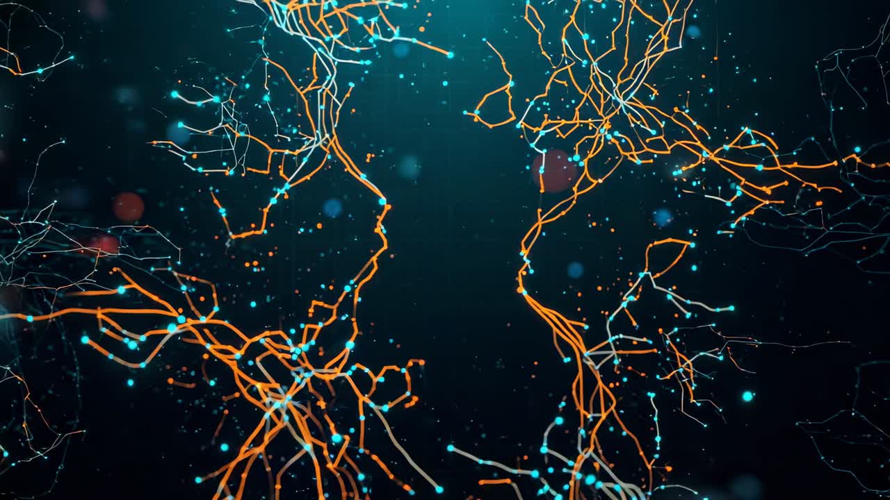 Flickering cyan nodes sparking links forming circuitry in digital space, with orange strands, dots